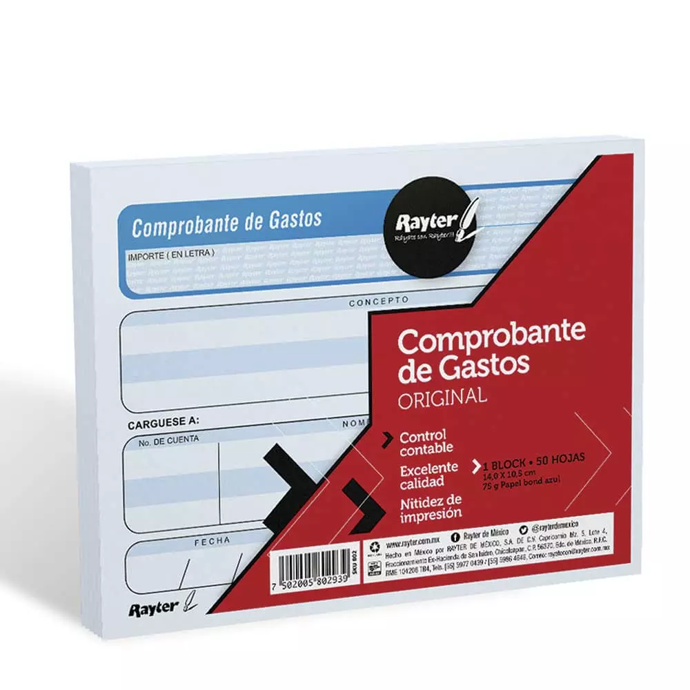 Block Comprobante de Gastos 1/4 Carta Rayter® 50 Hojas