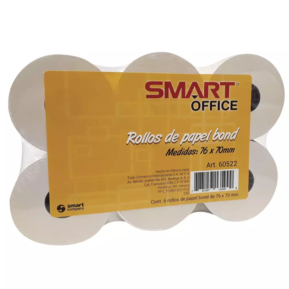 Rollo Papel Bond para Registradora de 76 x 70 mm con 6 Pcm Smart