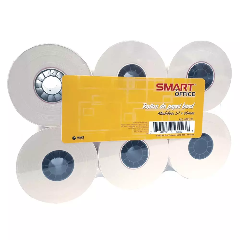 Rollo Papel Bond para Calculadora Punto de Venta de 57 x 60 mm con 6 Rollos Smart®