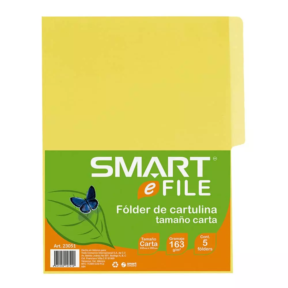Folder de Cartulina Tamaño Carta Amarillo Canario Paquete con 5 Piezas Smart®