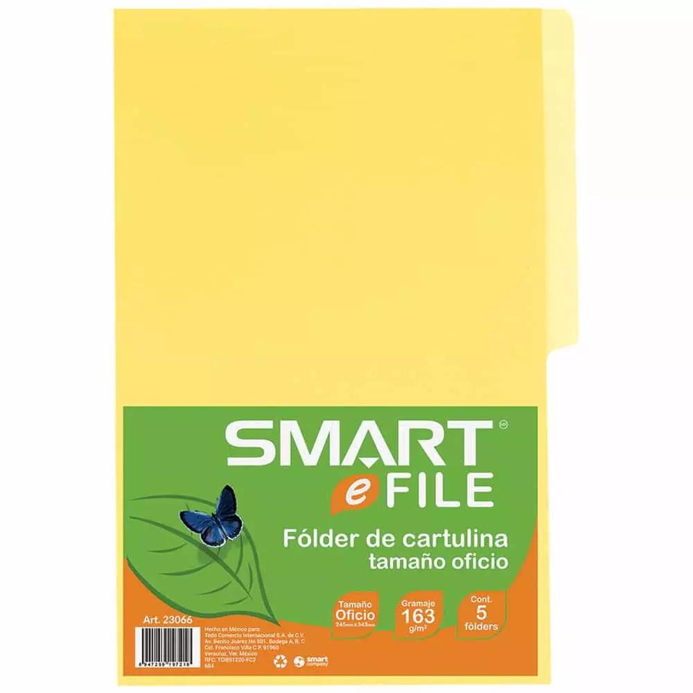 Folder de Cartulina Tamaño Oficio Amarillo Canario Paquete con 5 Piezas Smart®