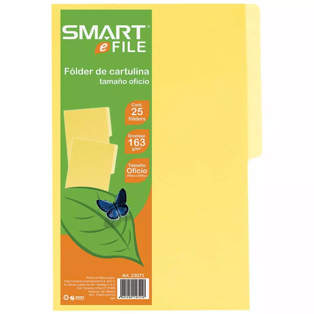 Folder de Cartulina Tamaño Oficio Amarillo Canario Paquete con 25 Piezas Smart®