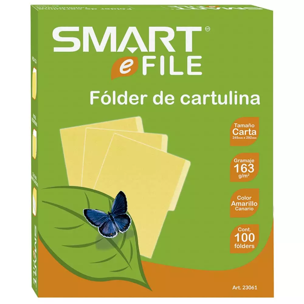 Folder de Cartulina Tamaño Carta Amarillo Canario Caja con 100 Piezas Smart®