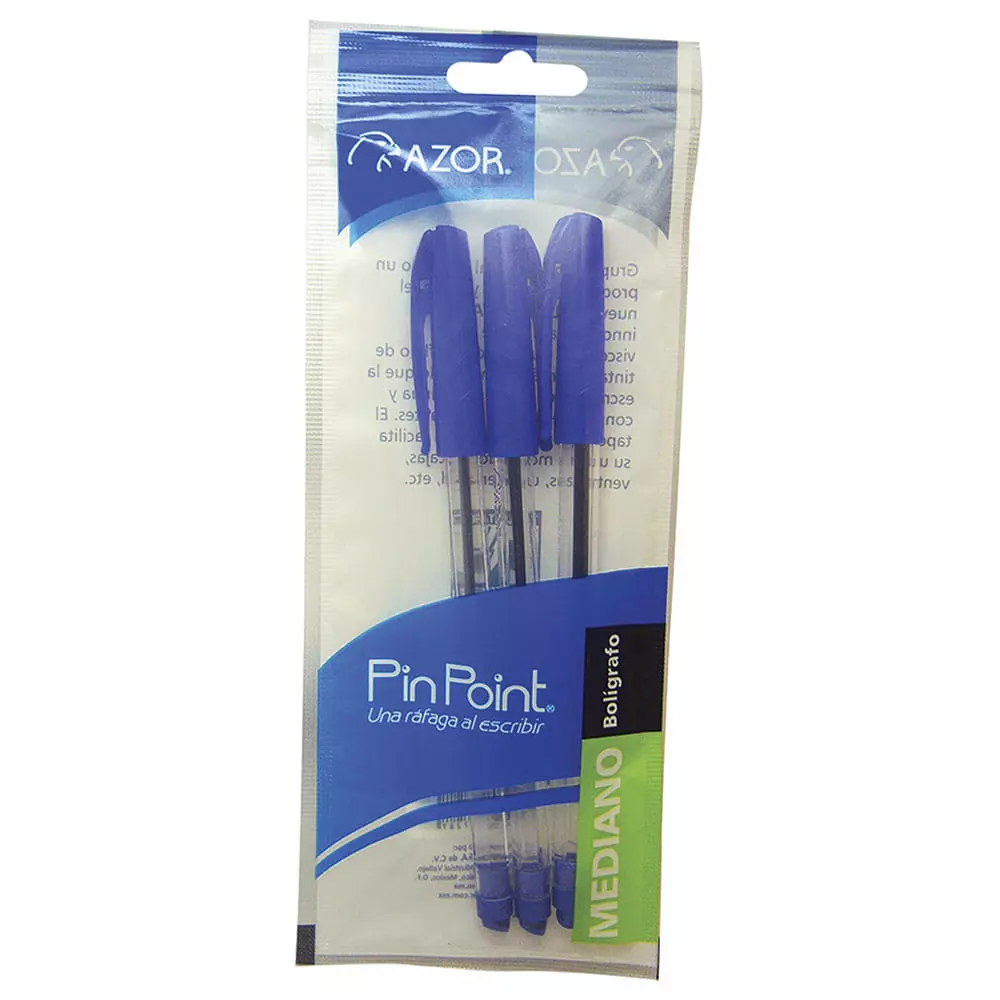 Bolígrafo Punto Mediano Stick Azul Bolsa con 3 Piezas Pin Point Azor®