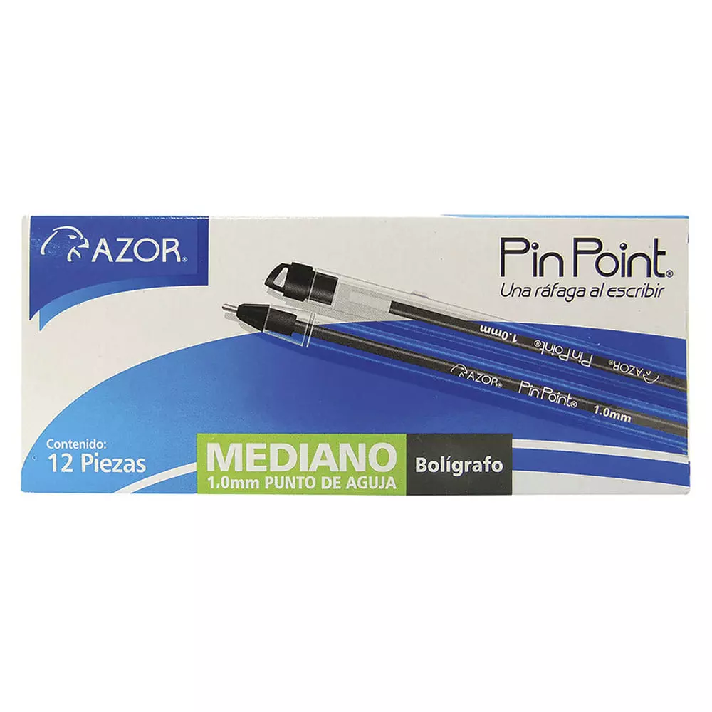 Bolígrafo Punto Mediano Stick Negro Caja con 12 Piezas Pin Point Azor®