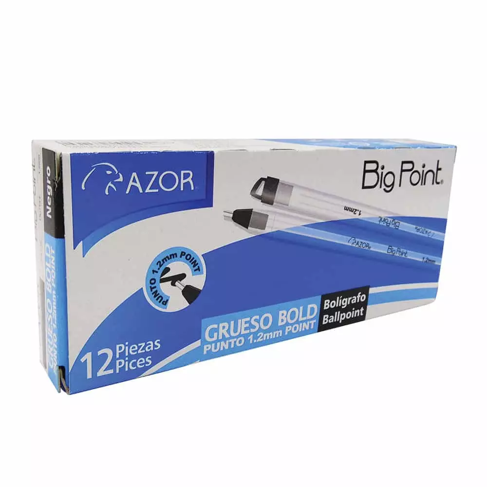Bolígrafo Punto Grueso Stick Negro Caja con 12 Piezas Big Point Azor®