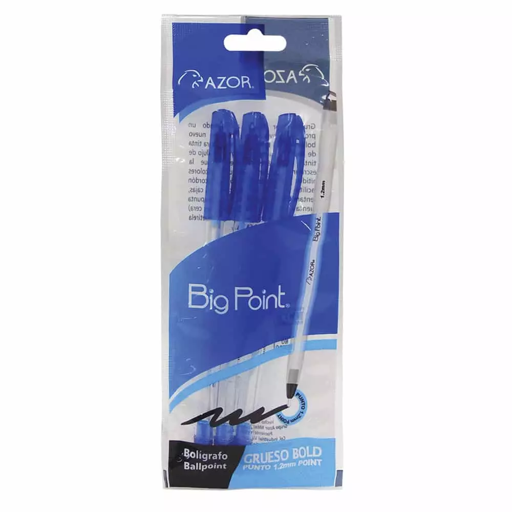 Bolígrafo Punto Grueso Stick Azul Bolsa con 3 Piezas Big Point Azor®