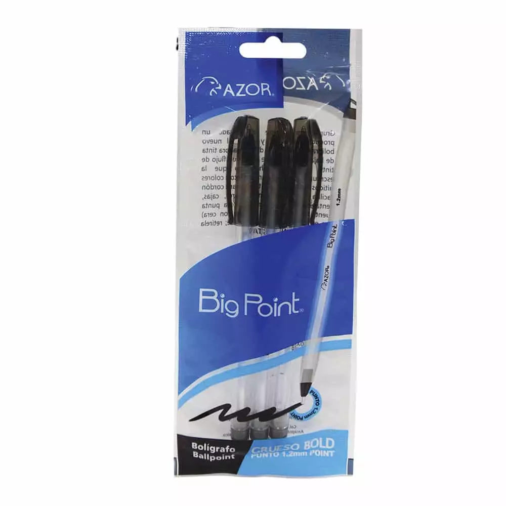 Bolígrafo Punto Grueso Stick Negro Bolsa con 3 Piezas Big Point Azor®