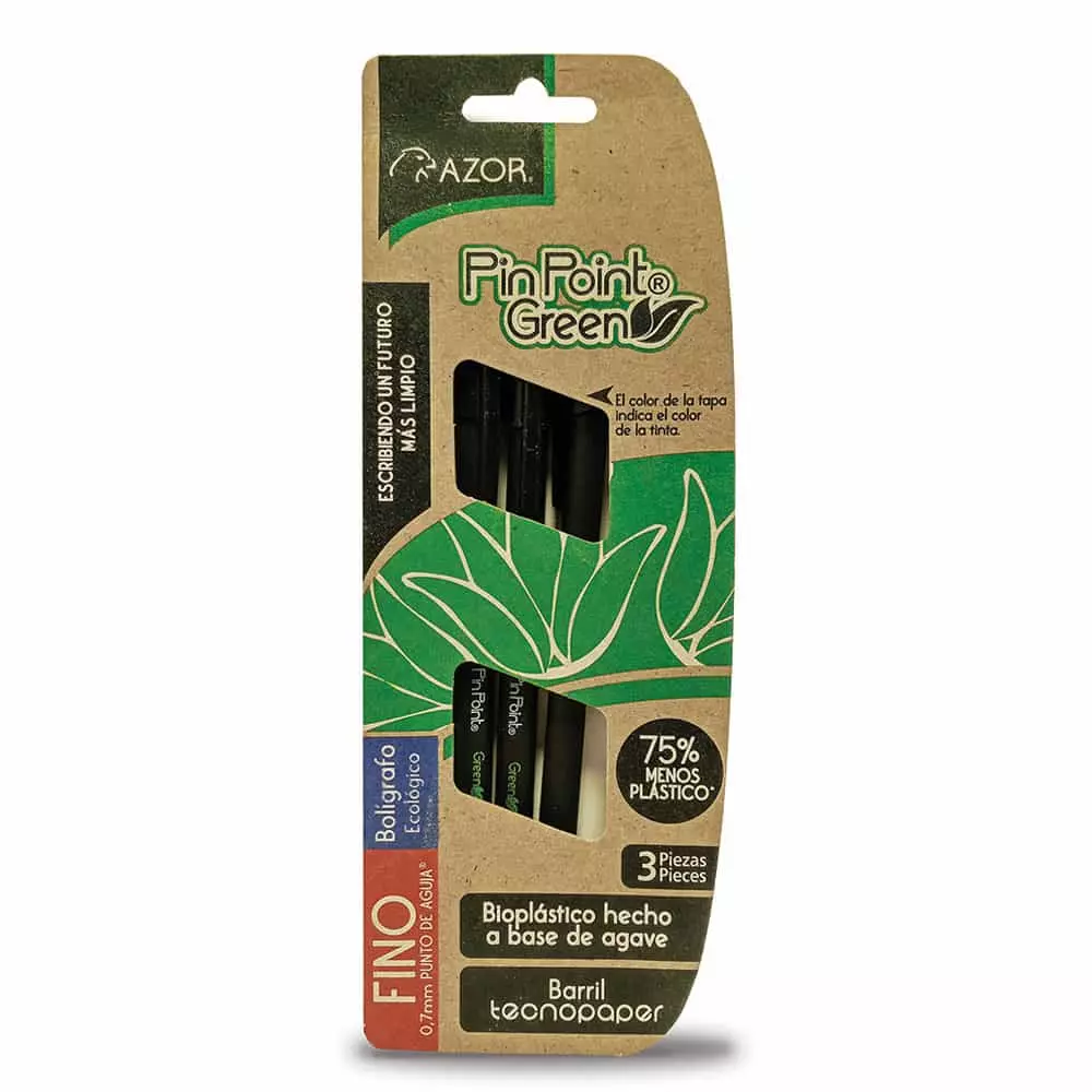 Bolígrafo Punto Fino Stick Negro blister con 3 Piezas Pin Point Green Azor®