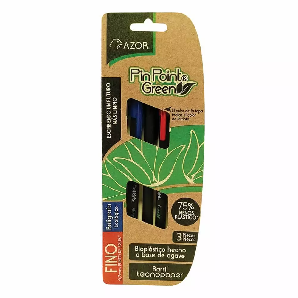Bolígrafo Punto Fino Stick Colores Surtidos blister con 3 Piezas Pin Point Green Azor®