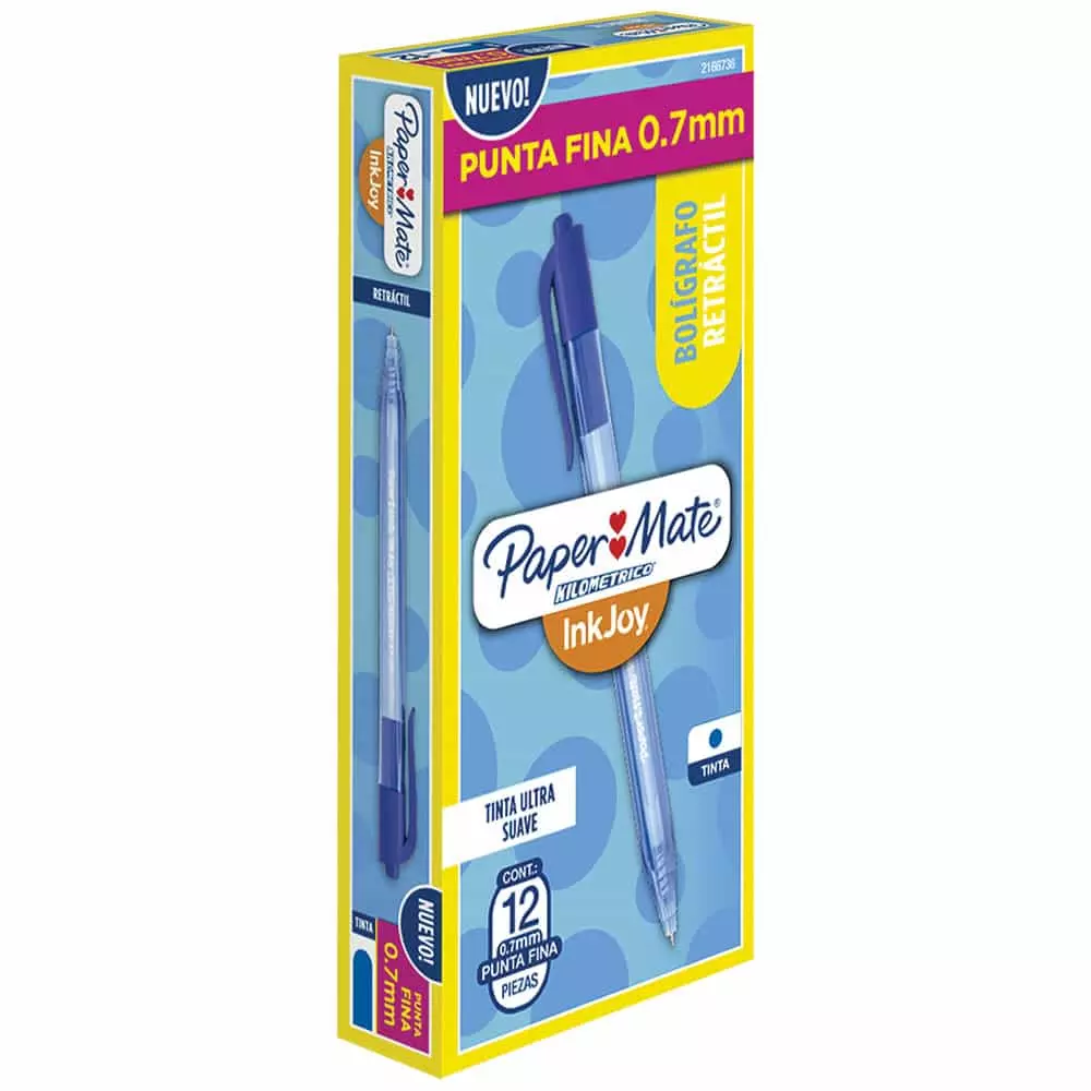 Bolígrafo Punto Fino Retráctil Azul Caja con 12 Piezas Kilométrico Paper Mate®