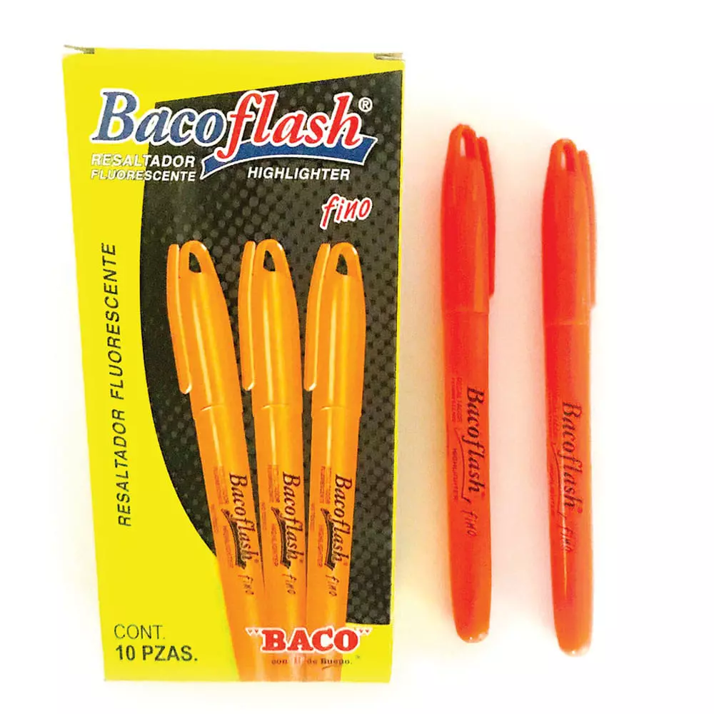 Marcador Fluorescente Delgado Naranja Caja con 10 Piezas Bacoflash®