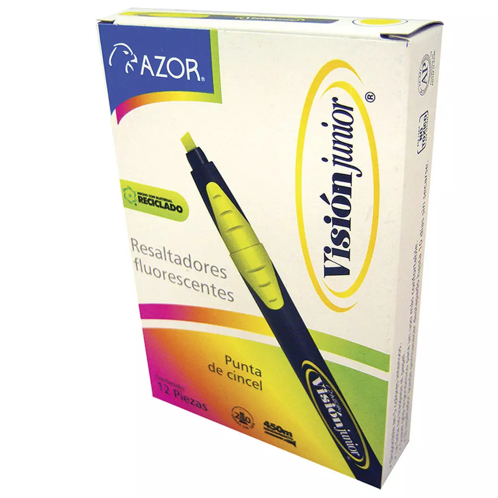 Marcador Fluorescente Delgado Amarillo Cja C/12 Pzas. Visión Junior Azor®