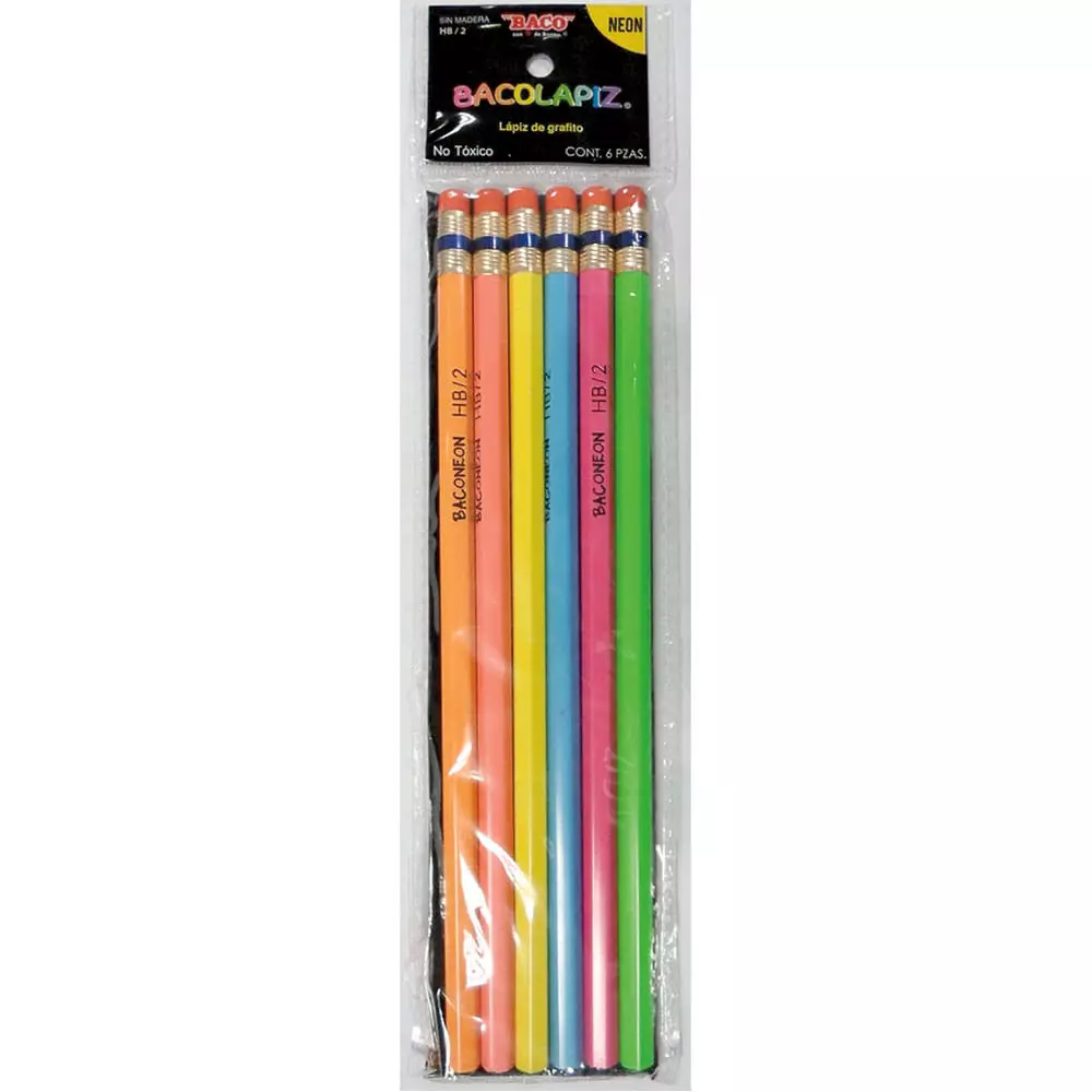Lápiz con Goma Número 2 Hexagonal Colores Surtidos Neón con 6 Piezas Baco® Neon