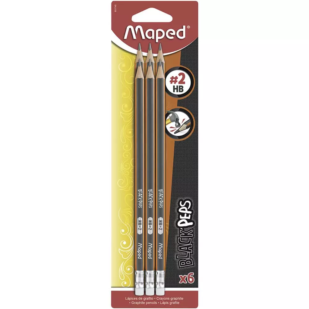 Lápiz con Goma Número 2 Triangular Blíster con 6 Piezas Black Peps Maped®
