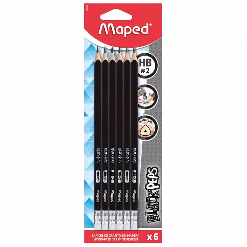 Lápiz con Goma Número 2 Triangular Extruido Blíster con 6 Piezas Black Peps Maped®