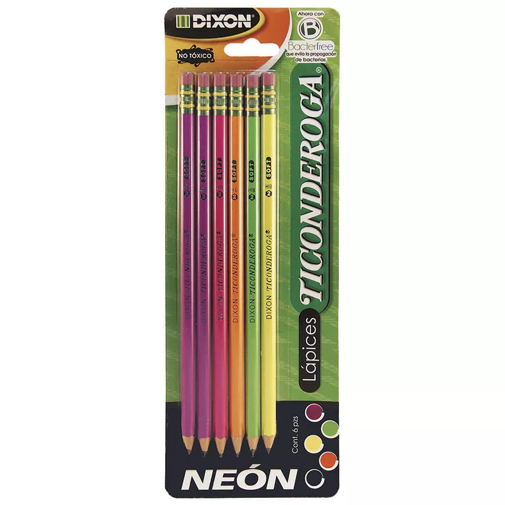 Lápiz con Goma Número 2 Hexagonal Neón Blíster con 6 Piezas Ticonderoga®