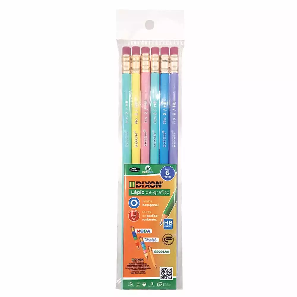 Lápiz con Goma No. 2 Hexagonal Colores Pastel Bolsa con 6 Piezas Dixon