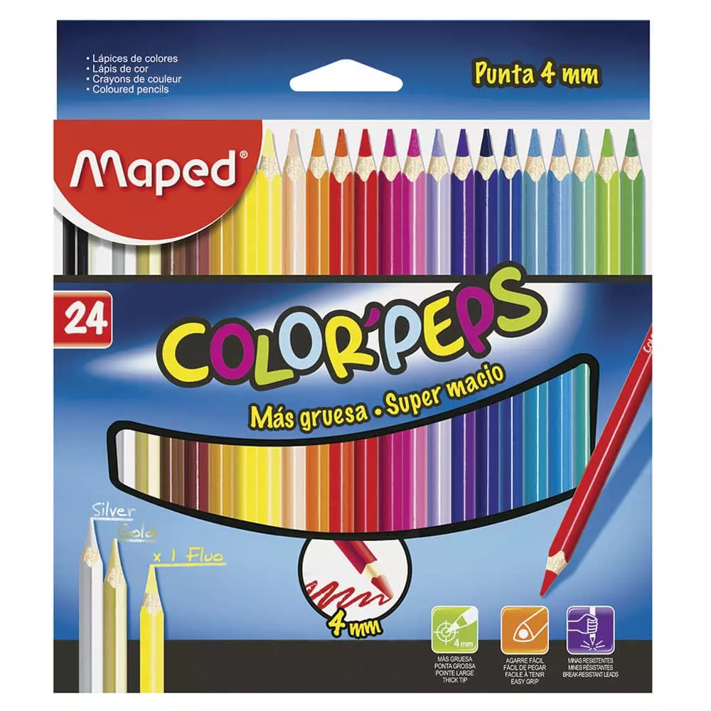 Lápices de Colores Caja con 24 Piezas Largos Triangulares 4 mm Color Peps®