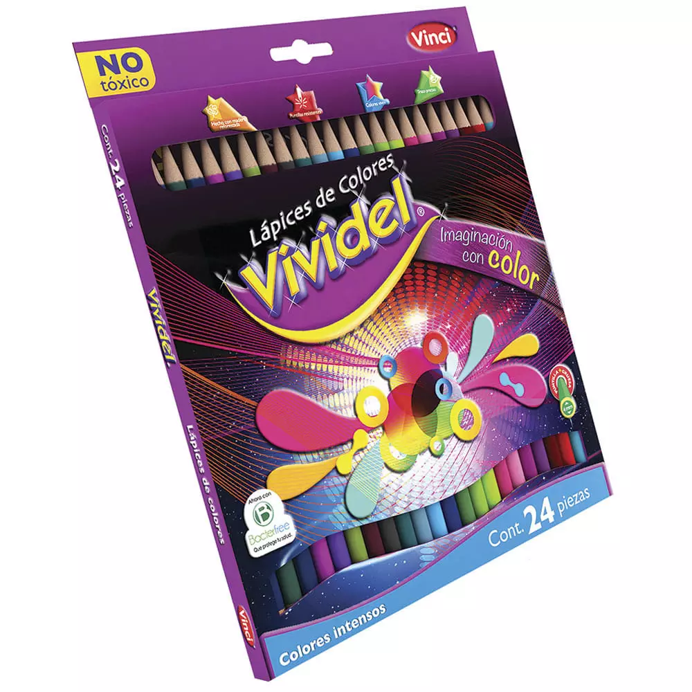 Lápices de Colores Caja con 24 Piezas Largos Redondos de 4 mm Vividel®