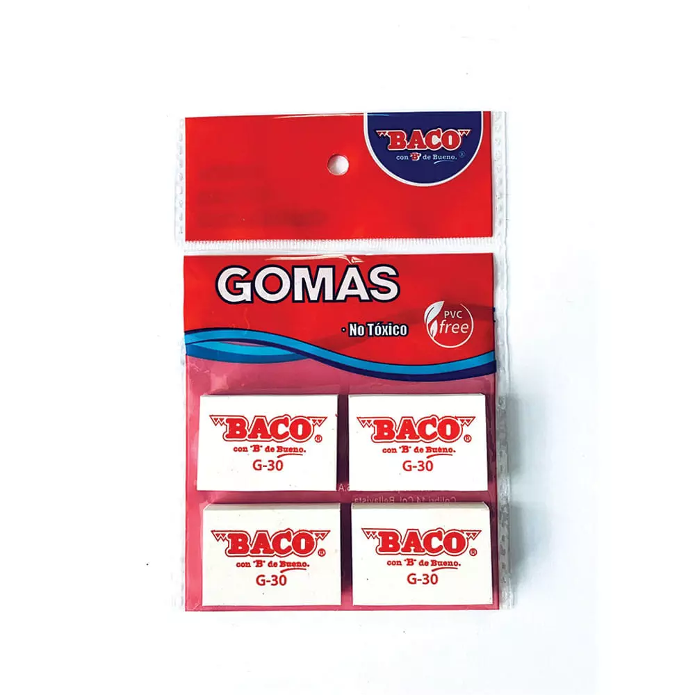 Goma de Borrar Blanca Mediana G30 Bolsa con 4 Piezas Baco®