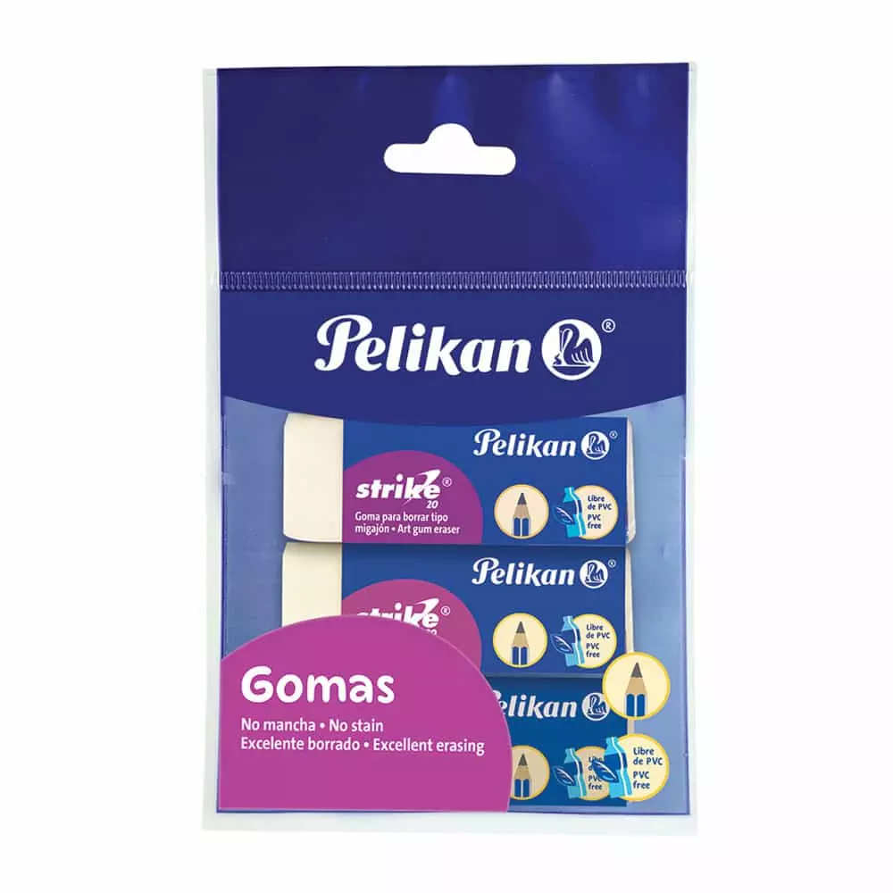 Goma de Borrar Blanca Grande Bolsa con 3 Piezas Strike 20 Pelikan®