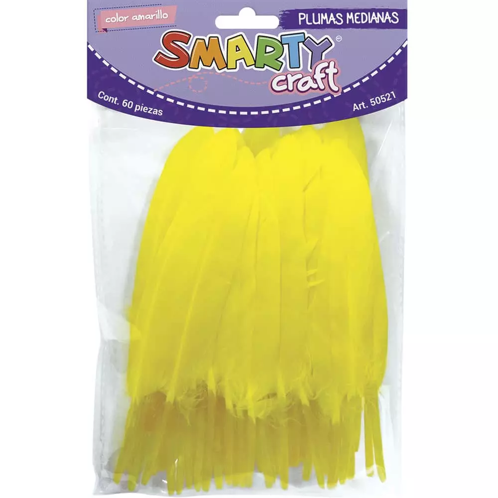 Plumas Mediana para Manualidades Color Amarrillo con 60 Piezas Smarty®