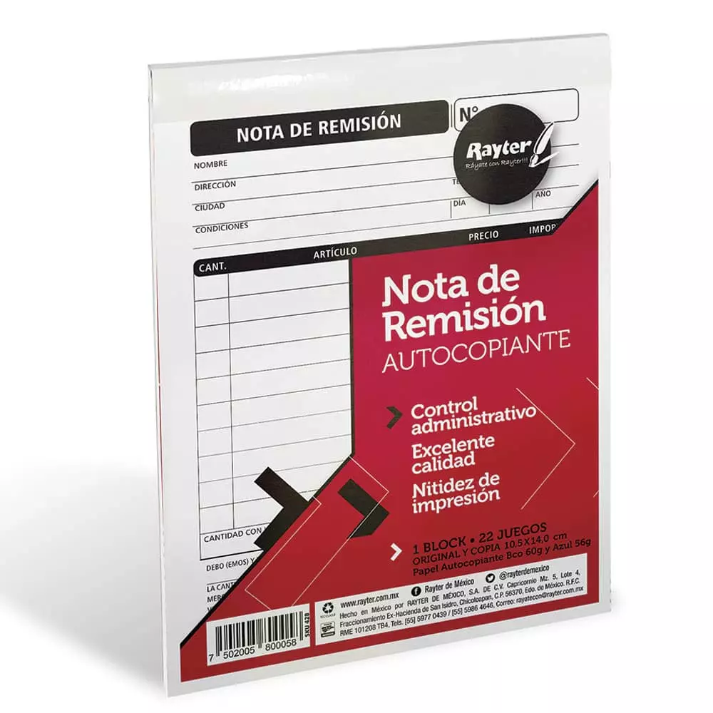 Block Remisión Autocopiado Tamaño 1/4 Duplicado con 6 Rayter®