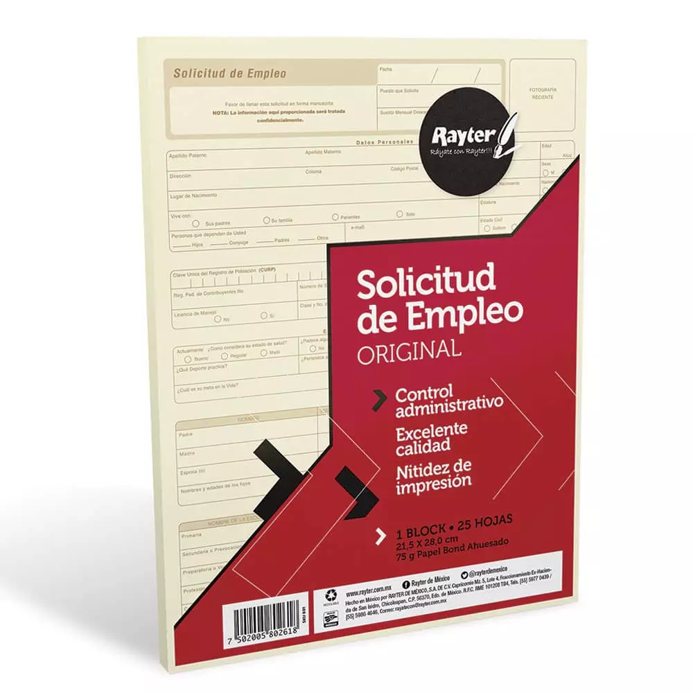 Block Solicitud de Empleo Tamaño Carta con 25 Hojas Rayter®
