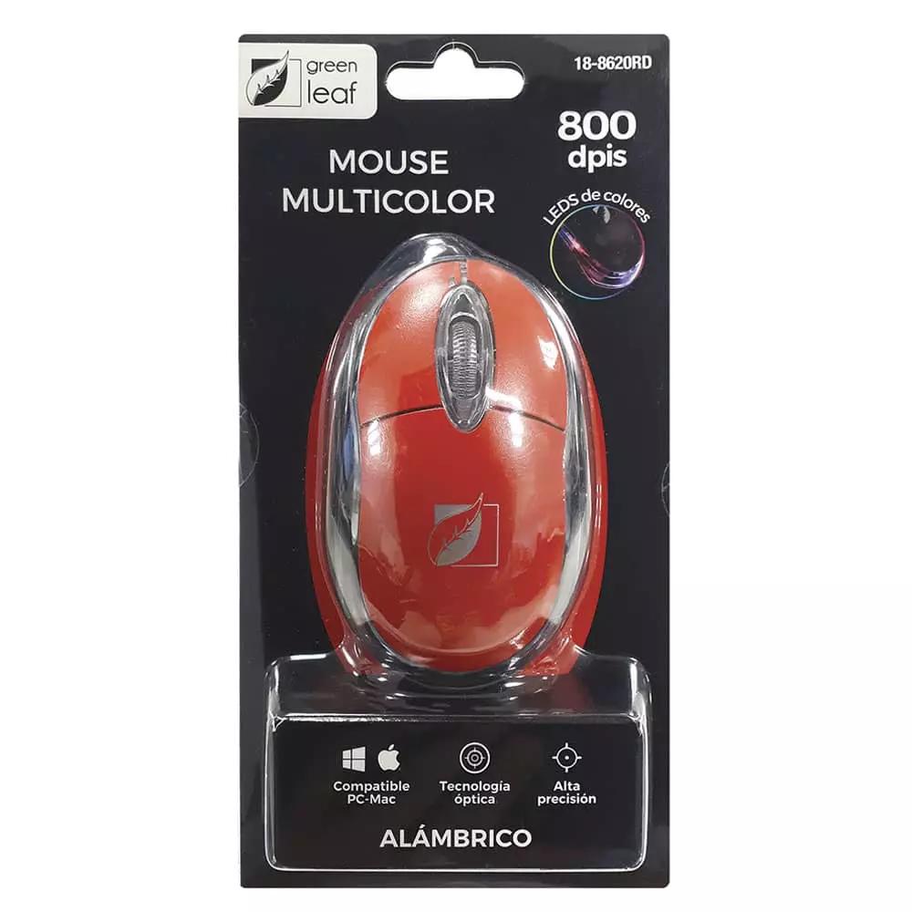 Mouse Óptico Alámbrico USB de 800 dpis Rojo Green Leaf®