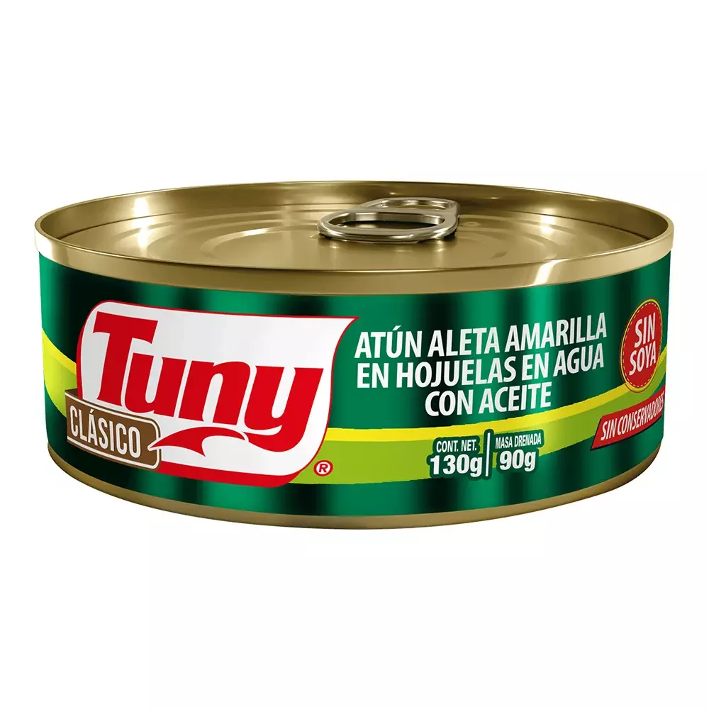 Atún Aleta Amarilla en Hojuelas en Agua con Aceite Clásico Sin Soya Tuny 130 gr