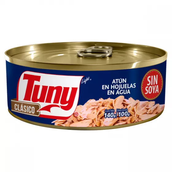 Atún Aleta Amarilla Hojuelas en Agua Clásico sin Soya Tuny 130 gr
