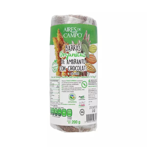 Barras de Amaranto Orgánico con Chocolate Aires de Campo® 200 gr